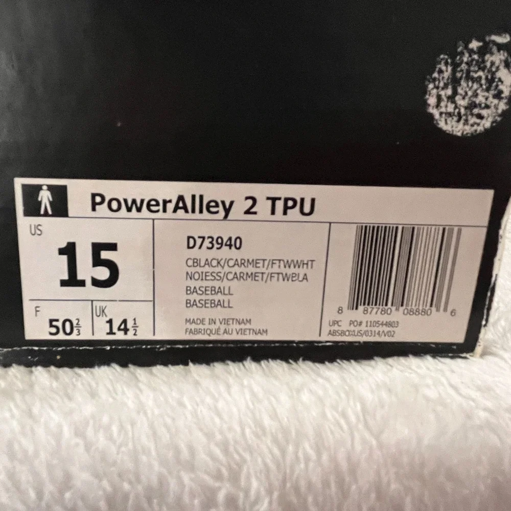 Adidas PowerAlley 2 TPU Men's Metal Baseball Cleats Size 15 Black White (D73940)